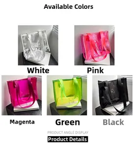 Detail display of five colors of transparent PVC tote bags with matching nylon handles