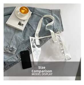 Flat lay of transparent PVC tote bag showing size comparison with daily essentials