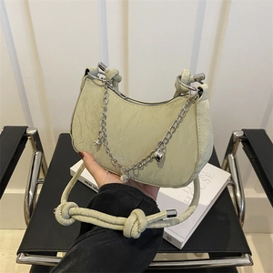 Fashion Women PU Leather Underarm Bag Silver Chain Artificial Pearl Heart Pendants Niche Solid Color Shoulder Crossbody Bag