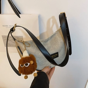 Women Vintage PU Leather Denim Hobo Bag Fashion Minimalist Crossbody Bag Half Moon Shoulder Bag With Monster Charm