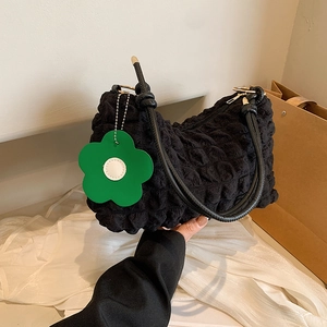 Large capacity black bubble texture tote bag with green flower charm for casual daily use