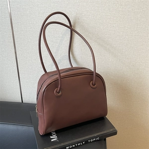 Retro dark brown leather Boston tote bag with long shoulder straps for daily commute