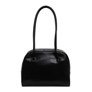 Classic black bowling tote bag with tubular handles and minimalist retro design