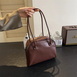 Minimalist vintage dark brown leather tote bag with long straps for shoulder or hand carry
