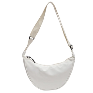 Sac bandoulière demi-lune en nylon beige avec sangle réglable et fermeture éclair noire