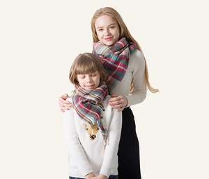 Detail view of plaid cashmere-like parent-child triangle scarf set with soft fringe edges