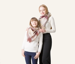 Matching parent-child plaid scarves with soft cashmere-like texture and fringed edges