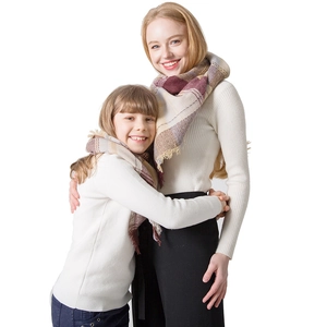 Plaid cashmere-feel triangle scarf with tassels for parents and children in burgundy and beige