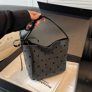 Retro grey herringbone underarm bucket bag with bow prints and black satin ribbon detail