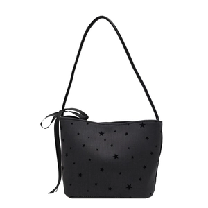 Black bucket shoulder bag with star pattern print and decorative ribbon bow details