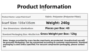 Specifications of large plaid polyester scarf measuring 135x135cm and weighing 240g