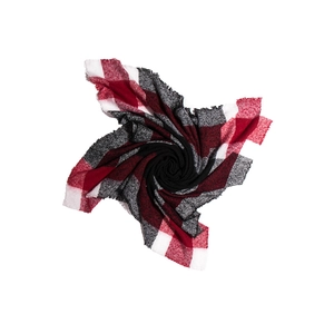 Detailed view of red and black plaid scarf with delicate fringe edges and soft texture