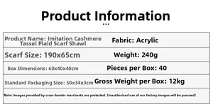 Detailed chart showing 190x65cm plaid scarf material, weight, and product specifications