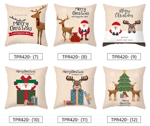 Detailoverzicht van zes kerstkussenhoezen met prints van de Kerstman en rendieren