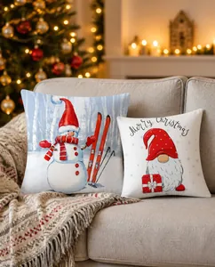 Detail of Christmas pillowcase set with skiing snowman and gnome prints on peach skin fabric