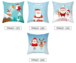 Collage de cuatro fundas de cojín navideñas azules con estampados de Papá Noel y renos