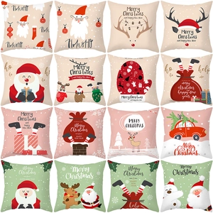 Kerstmis Kussensloop Perzikhuid Stof Cartoon Print Kerstman Rendier Vierkante Kussenhoes Voor Thuis Bank Decoratie