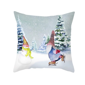Funda de cojín navideña de piel de melocotón con estampado de gnomo y muñeco de nieve
