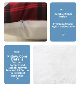 Detail view of the red plaid cushion cover featuring a hidden zipper and vacuum packaging