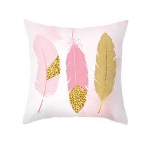 Detail of pink and gold feather prints on peach skin velvet decorative pillowcase