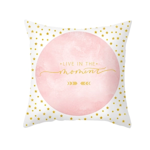 Detail of peach skin pillow case with pink watercolor ring and gold star print