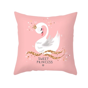 Detail of pink peach skin pillowcase featuring a cartoon swan with Sweet Princess text