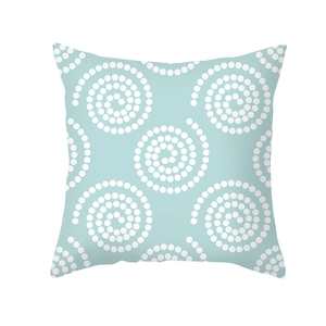 Blue geometric throw pillow case with white spiral dot pattern and minimalist style