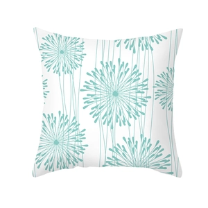 Blue geometric throw pillow cover with mint green dandelion patterns on white peach skin fabric