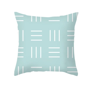 Detailed view of mint green peach skin cushion cover with white geometric line patterns