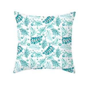 Detail of blue geometric leaf pattern printed on soft peach skin pillowcase fabric