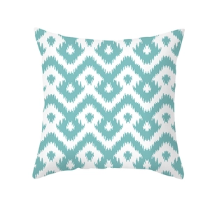 Close-up of geometric teal and white wavy pattern on soft peach skin pillowcase