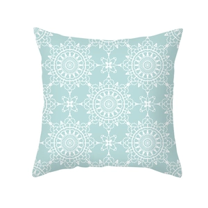 Detailed view of blue mandala lace pattern printed on square peach skin pillowcase cover