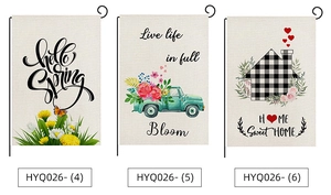 Detailed views of polyester garden flags featuring watercolor flowers and spring themes