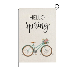 Polyester garden flag with HELLO spring text and floral bicycle on metal L-stand