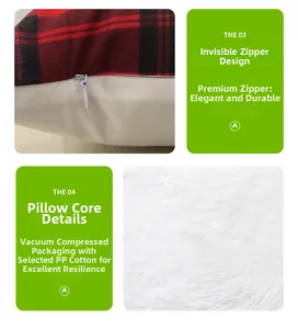 Detail of durable invisible zipper and high-rebound PP cotton filling on plaid pillowcase