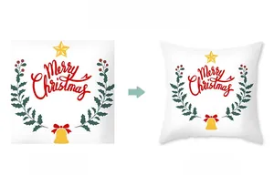 Détail de la taie d'oreiller carrée en polyester blanc avec imprimé festif Merry Christmas