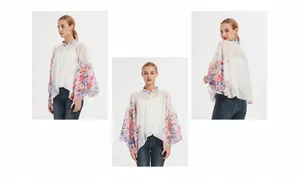 Three views of a white floral sun protection shawl with lightweight chiffon fabric