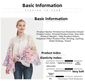 Floral print sun protection shawl detailing 120g polyester fabric and material specs