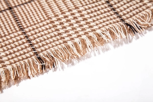 Macro detail of plaid cashmere-feel scarf with dense fringe edges in beige and brown