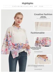 Detail view of floral chiffon sun protection shrug featuring sleeve thumb loops and buttons