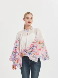 Detailed view of floral printed chiffon sun protection shawl with pearl button and stand collar