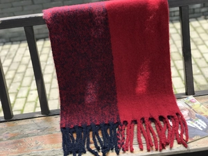 Vue détaillée d'une écharpe en maille épaisse à blocs de couleurs et grosses franges