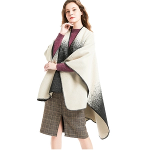 Women's black and white gradient thick shawl with handcrafted stitching and side slits
