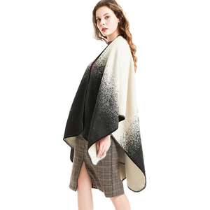 Women's black and white ombre cashmere-like shawl with blanket stitch and split hem design