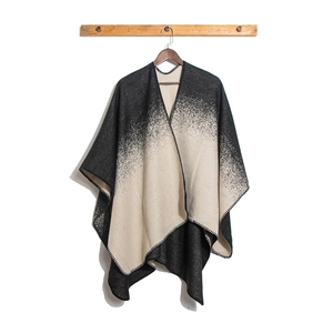 Women's gradient black and white cashmere-like knit shawl poncho with stitched edges