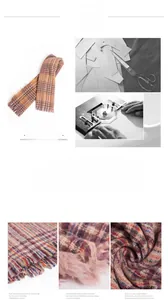 Detail of retro plaid scarf with thick knit texture and delicate fringe trim edges