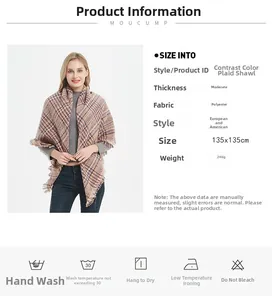 Size and material details of the color-block plaid scarf with wash care icons