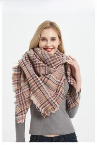 Detail shot of multi-color plaid scarf with long fringes and thick woven texture