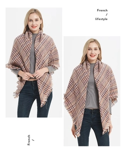 Detail of multi-colored plaid shawl scarf with soft texture and fringed edges