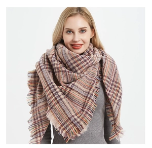 Detail of multi-color plaid scarf with soft tassels and woven texture for winter
